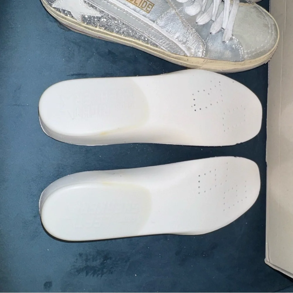 New Size 36 Golden Goose Slide Glitter High Top Sneakers Silver Ice White